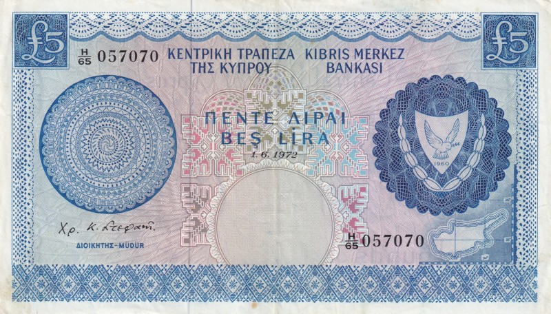 Cyprus, 5 Pounds, 1972, XF(+), p44b