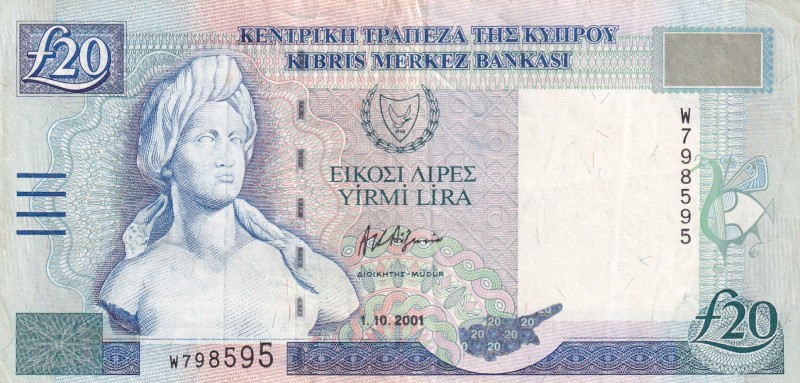 Cyprus, 20 Pounds, 2001, VF, p63b