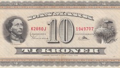 Denmark, 10 Kroner, 1954/1955, VF, p44d