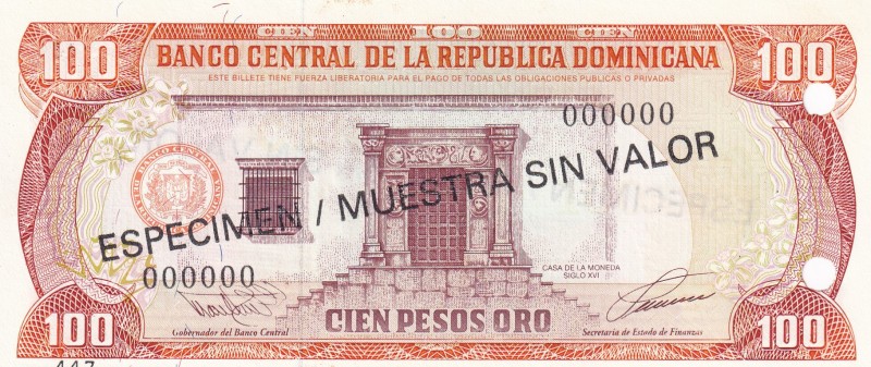 Dominican Republic, 100 Pesos Oro, 1993, UNC, p144s, SPECIMEN
ESPECIMEN / MUEST...