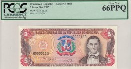 Dominican Republic, 5 Pesos Oro, 1997, UNC, p152b
PCGS 66 PPQ, Very Low serial number