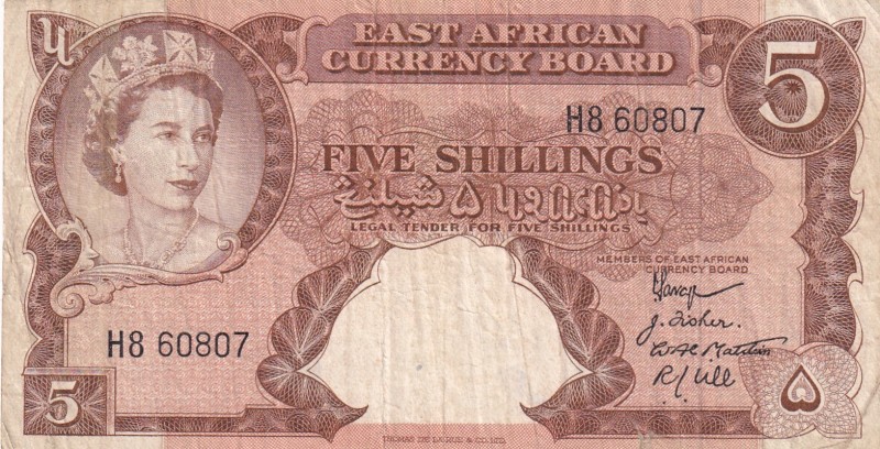 East Africa, 5 Shillings, 1958/1960, VF, p37
There is a "12 JUN 1962" stamp on ...