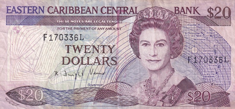 East Caribbean States, 20 Dollars, 1988/1993, VF, p24l2
Queen Elizabeth II. Pot...