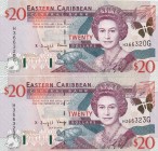 East Caribbean States, 20 Dollars, 2000, UNC, p39g, (Total 2 banknotes)
Queen Elizabeth II. Potrait