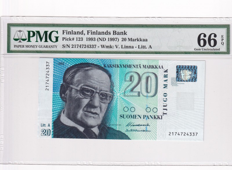 Finland, 20 Markkaa, 1993, UNC, p123
PMG 66 EPQ