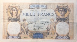 France, 1.000 Francs, 1940, VF, p90c
Rare, There are pinhole.