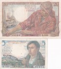 France, 5-20 Francs, XF(+), (Total 2 banknotes)
5 Francs, 1947, p98 (pinholes); 20 Francs, 1944, p100, (Pinholes), Natural
