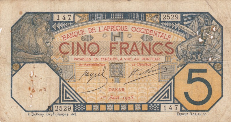 French West Africa, 5 Francs, 1925, POOR, p5Bc