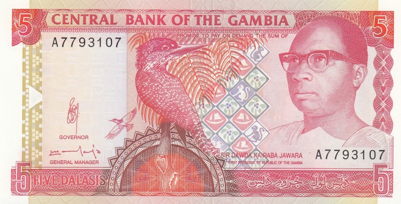 Gambia, 5 Dalasis, 1991/1995, UNC, p12b
Portrait of Kairaba Jawara