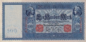 Germany, 100 Mark, 1910, UNC(-), p42
Red serial number, 7 digit serial