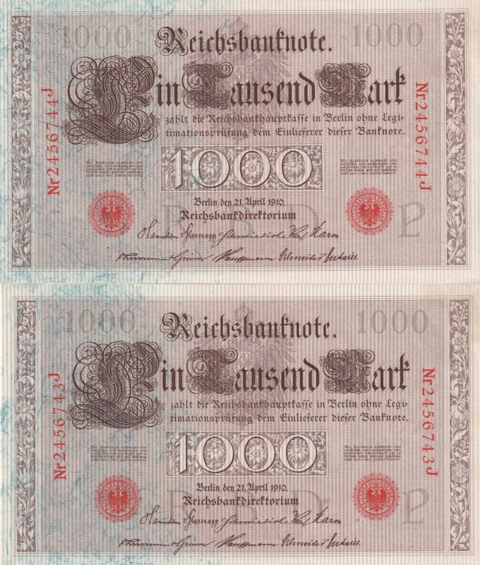 Germany, 1.000 Mark, 1910, UNC, p44b, (Total 2 consecutive banknotes)
Red seria...