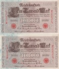 Germany, 1.000 Mark, 1910, UNC, p44b, (Total 2 consecutive banknotes)
Red serial number, 7 digit serial