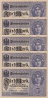 Germany, 5 Mark, 1917, UNC, p56b, (Total 5 consecutive banknotes)
8 digit serial #