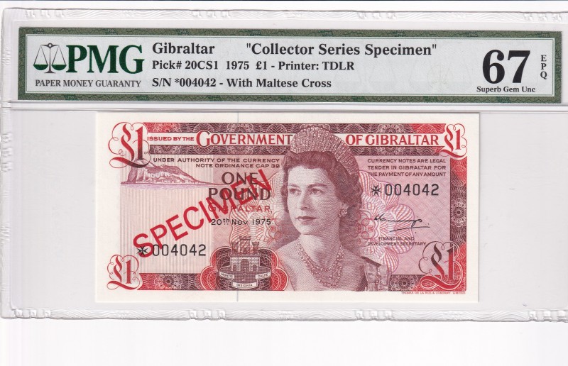 Gibraltar, 1 Pound, 1975, UNC, p20CS1
PMG 67 EPQ, Collector Series SPECIMEN, Po...