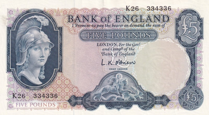 Great Britain, 5 Pounds, 1957/1961, AUNC(-), p371a