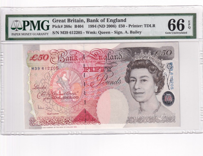 Great Britain, 50 Pounds, 1994, UNC, p388c
PMG 66 EPQ, Queen Elizabeth II portr...