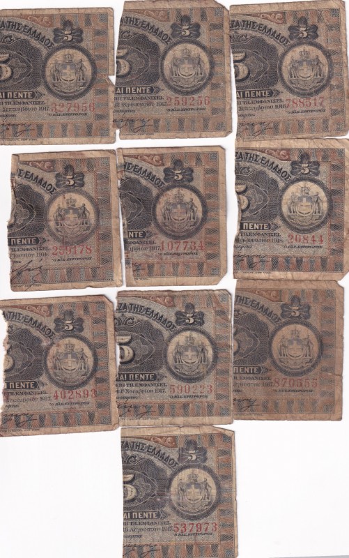 Greece, 5 Drachmai = 2 1/2 Drachmai, 1922, FINE, p58, (Total 10 banknotes)
Half...