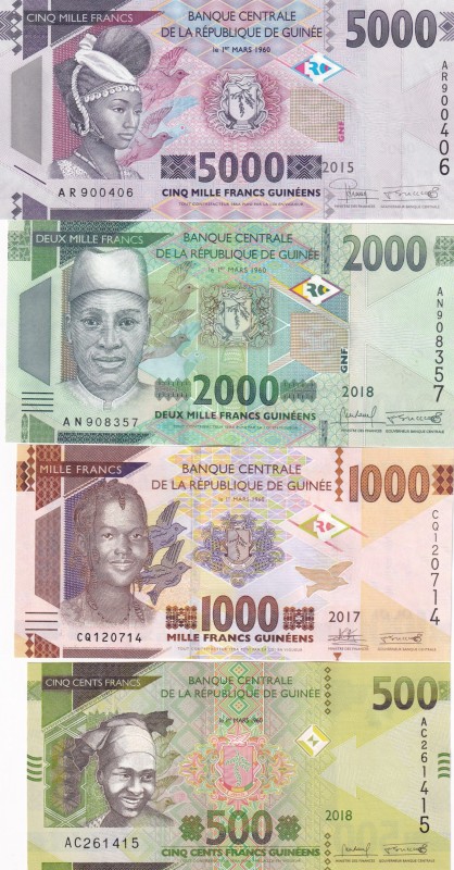 Guinea, 500-1000-2000-5000 Francs, UNC,
500 Francs, 2018, pNew; 1000 Francs, 20...