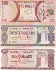 Guyana, 10-20-50 Dollars, UNC, (Total 3 banknotes)
10 Dollars, 1989, p23d; 20 Dollars, 1996, p30b1; 50 Dollars, 2016, p41(commemorative)