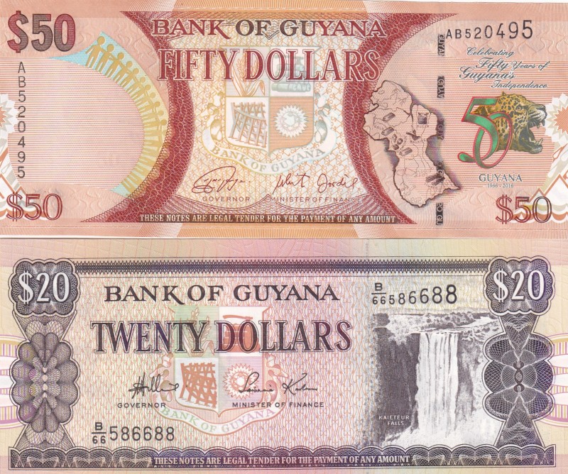 Guyana, 20-50 Dollars, 2016/2018, UNC, (Total 2 banknotes)
20 Dollars, 2018, pN...