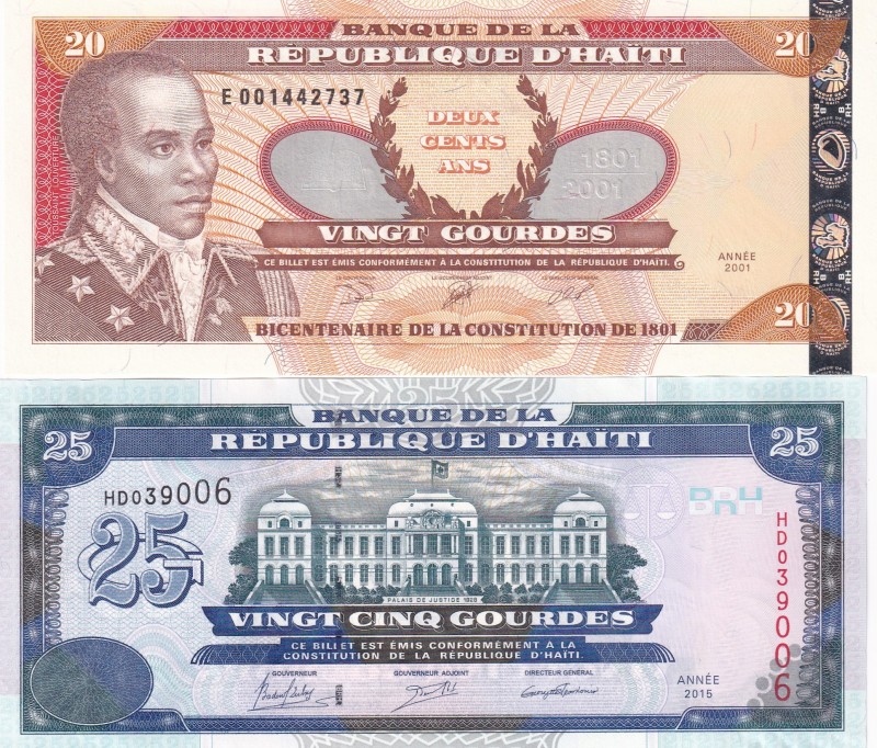 Haiti, 20-25 Gourdes, UNC, (Total 2 banknotes)
20 Gourdes, 2001, p271; 25 Gourd...