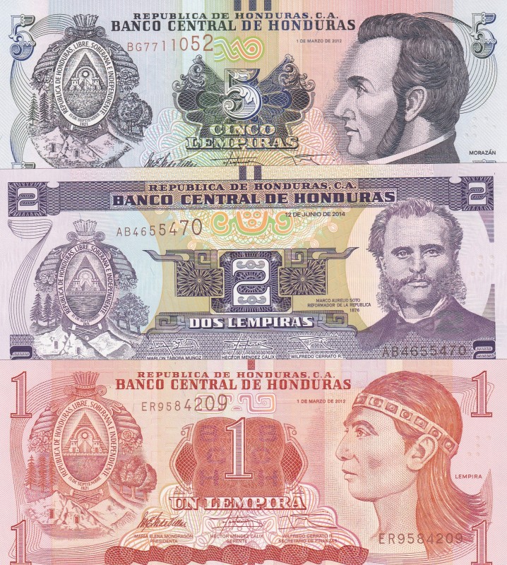 Honduras, 1-2-5 Lempiras, 2012/2014, UNC, p96; p97; p98, (Total 3 banknotes)
1 ...