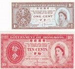 Hong Kong, 1-10 Cent, UNC, (Total 2 banknotes)
1 Cent, 1956, p324ab; 10 Cent, 1961, p327
