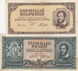 Hungary, 1945/1946, VF, (Total 2 banknotes)
10,000,000 Pengö, 1945, p123; Million Milpengö, 1946, p128