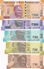 India, 10-20-50-100-200 Rupees, 2018, UNC, pNew, (Total 5 banknotes)