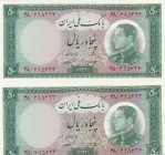 Iran, 50 Rials, 1954, UNC, p66, (Total 2 consecutive banknotes)