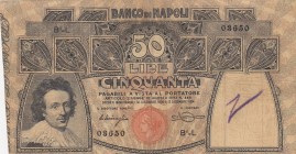 Italy, 50 Lire, 1909/21, FINE, PS856
Banco Di Napoli, It has a ballpoint pen writing and pinhole.