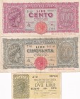 Italy, 2-50-100 Lire, 1944, VF(+), p30, p74, p75, (Total 3 banknotes)
There are small tears in the border level at 50 Lire.