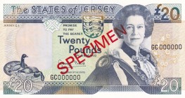 Jersey, 20 Pounds, 1993, UNC, p23s, SPECIMEN
Queen Elizabeth II. Potrait