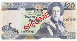 Jersey, 20 Pounds, 1993, UNC, p23s, SPECIMEN
Queen Elizabeth II. Potrait
