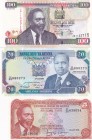 Kenya, 5-20-100 Shillings, UNC, (Total 3 banknotes)
5 Shillings, 1978, p15; 20 Shillings, 1992, p25e; 100 Shillings, 2010, p48