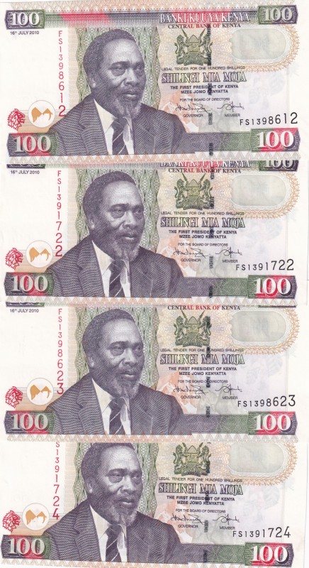 Kenya, 100 Shillings, 2010, AUNC, p48, (Total 4 banknotes)