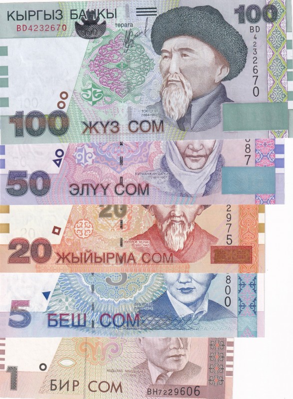 Kyrgyzstan, 1-5-20-50-100 Som, 1997/2002, UNC, (Total 5 banknotes)
1 Som, 1999,...