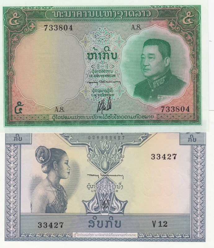 Lao, 5-10 Kip, 1962, UNC, p9b, p10b, (Total 2 banknotes)