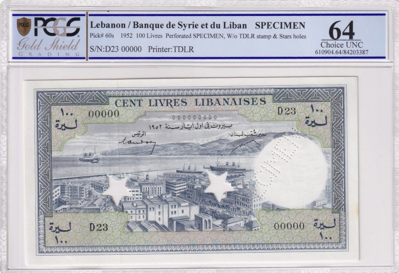 Lebanon, 100 Livres, 1952, UNC, p60s, SPECIMEN
PCGS 64