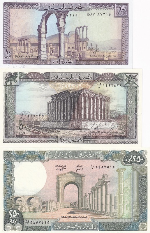 Lebanon, 10-50-250 Livres, 1986/1988, UNC, p63; p65; p67, (Total 3 banknotes)