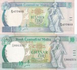 Malta, 5-10 Liri, 1967/1994, AUNC, p46, p47, (Total 2 banknotes)