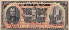 Mexico, 5 Pesos, 1914, VF, pS381
Rare, El Banco Oriental