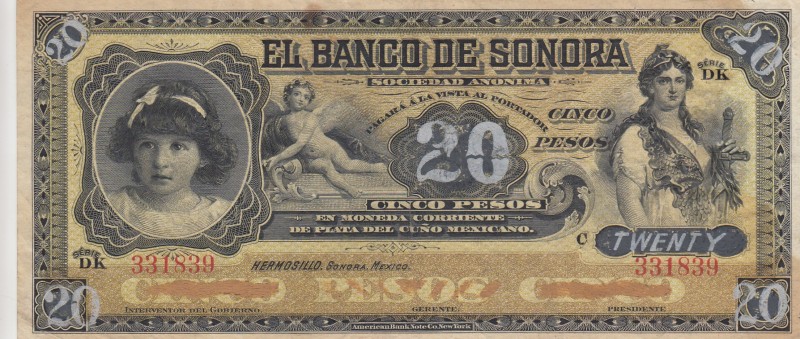 Mexico, 5 Pesos, 1897/1911, XF, pS419
20 Pesos was written on 5 Pesos afterward...