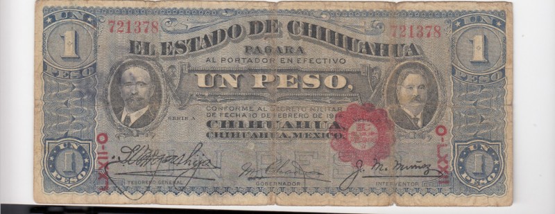 Mexico, 1 Peso, 1914, FINE, pS529
El Estado De Chihuahua