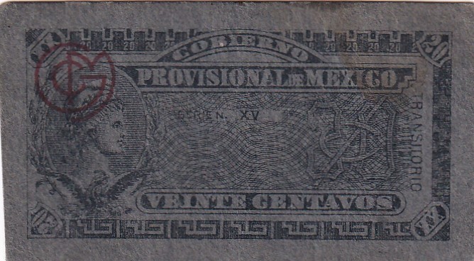 Mexico, 20 Centavos, XF, pS699
Gobierno Provisional Republica Mexicana
