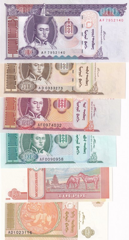 Mongolia, 1-5-10-20-50-100 Tugrik, UNC, (Total 6 banknotes)
1 Tugrik, 2008, p61...