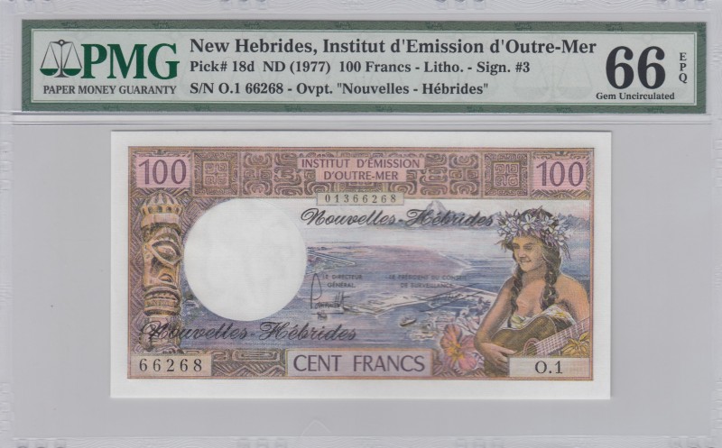 New Hebrides, 100 Francs, 1977, UNC, p18d
PMG 66 EPQ