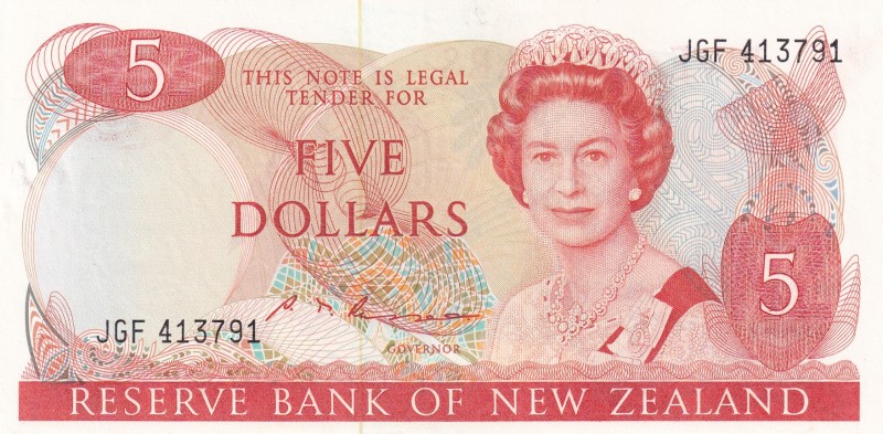 New Zealand, 5 Dollars, 1985/1989, AUNC, p171b
Sign: S.T. Russell