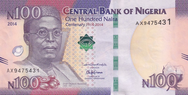 Nigeria, 100 Naira, 2014, UNC, p41
Commemorative banknote, There is a counting ...