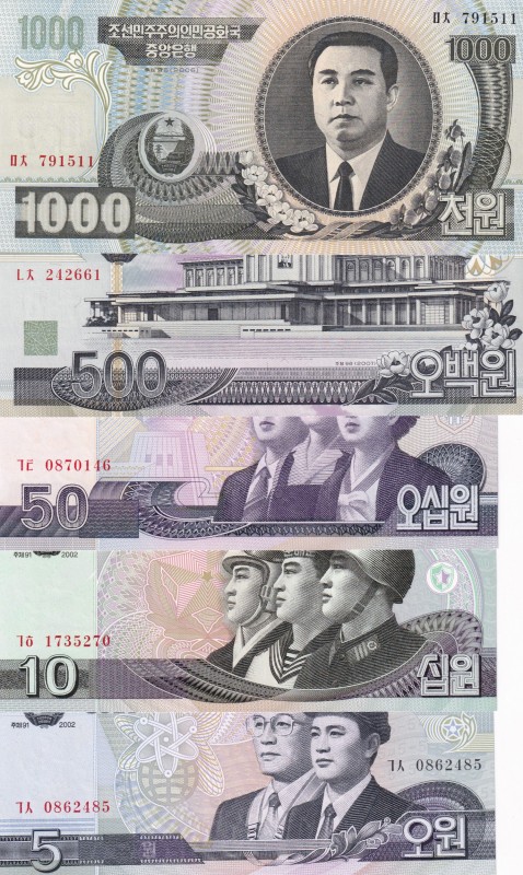 North Korea, 5-10-50-500-1.000 Won, UNC, (Total 5 banknotes)
5 Won, 2002, p58; ...